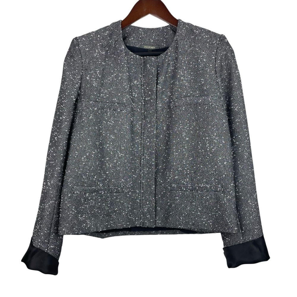 Zac Posen | Navy White Tweed Black Chiffon Cuff Zip Blazer New